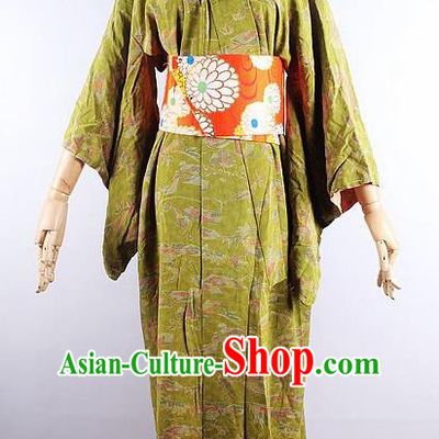 Japanese Ceremony Costume Olive Green Silk Kimono Dress Traditional Asian Japan Yukata for Women