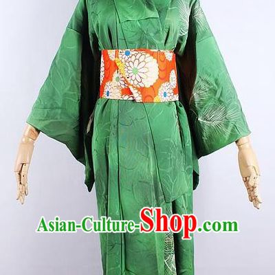 Asian Japanese Ceremony Printing Pine Green Kimono Dress Traditional Japan Yukata Costume for Women