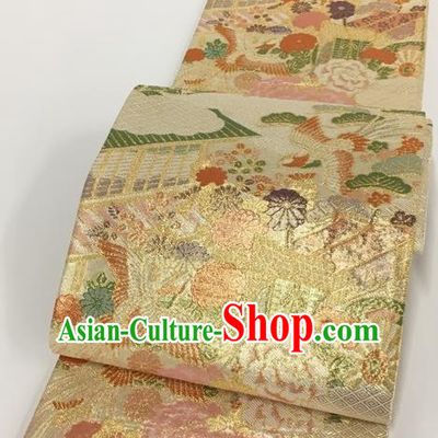 Japanese Traditional Classical Crane Peony Pattern Golden Waistband Kimono Brocade Accessories Asian Japan Yukata Belt for Women