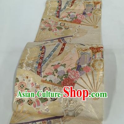 Japanese Traditional Classical Peony Fan Pattern Light Golden Waistband Kimono Brocade Accessories Asian Japan Yukata Belt for Women