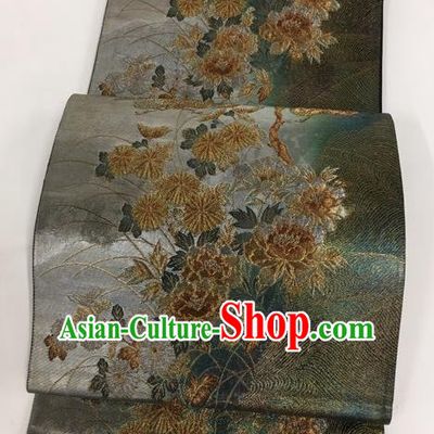 Japanese Traditional Classical Chrysanthemum Peony Pattern Grey Waistband Kimono Brocade Accessories Asian Japan Yukata Belt for Women
