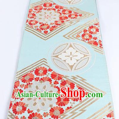 Japanese Classical Daisy Pattern Light Blue Waistband Traditional Kimono Brocade Accessories Asian Japan Yukata Belt for Women