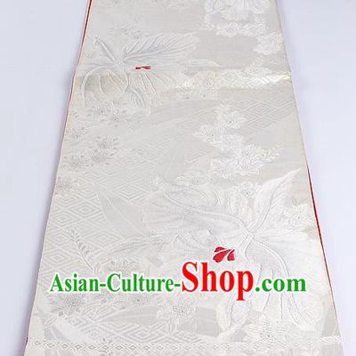 Japanese Classical Peony Pattern White Waistband Traditional Kimono Brocade Accessories Asian Japan Yukata Belt for Women