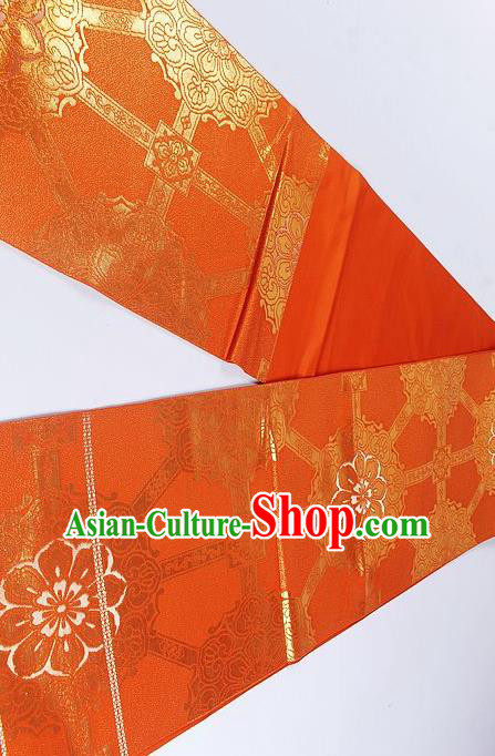 Japanese Classical Lucky Flowers Pattern Orange Waistband Traditional Kimono Brocade Accessories Asian Japan Yukata Belt for Women