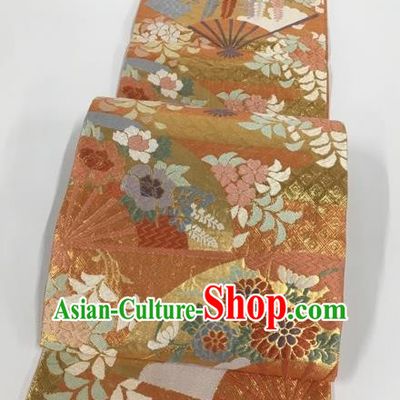 Japanese Classical Cornflower Pattern Orange Nishijin Waistband Traditional Kimono Brocade Accessories Asian Japan Yukata Belt for Women