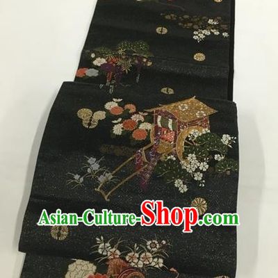 Japanese Classical Peony Gharry Pattern Black Nishijin Waistband Traditional Kimono Brocade Accessories Asian Japan Yukata Belt for Women