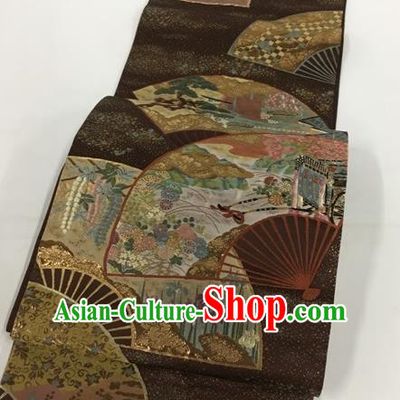 Traditional Japanese Classical Fan Pattern Brown Nishijin Waistband Kimono Brocade Accessories Yukata Belt for Women