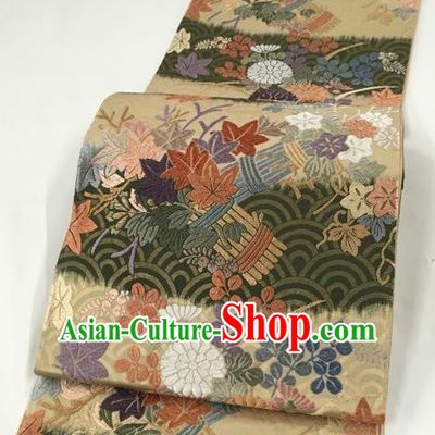 Traditional Japanese Classical Maple Leaf Pattern Atrovirens Nishijin Waistband Kimono Brocade Accessories Yukata Belt for Women