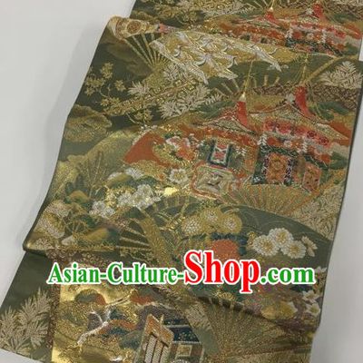 Traditional Japanese Classical Chrysanthemum Pattern Olive Green Nishijin Waistband Kimono Brocade Accessories Yukata Belt for Women