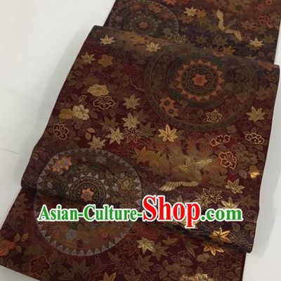 Traditional Japanese Classical Maple Leaf Pattern Wine Red Nishijin Waistband Kimono Brocade Accessories Yukata Belt for Women