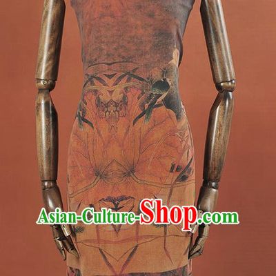 Chinese Traditional Lotus Bird Pattern Design Orange Gambiered Guangdong Gauze Asian Brocade Silk Fabric