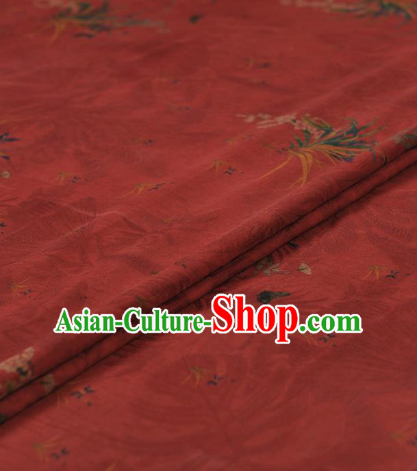 Chinese Traditional Classical Orchid Pattern Design Red Gambiered Guangdong Gauze Asian Brocade Silk Fabric Chinese Traditional Classical Orchid Pattern Design Red Gambiered Guangdong Gauze Asian Brocade Silk Fabric