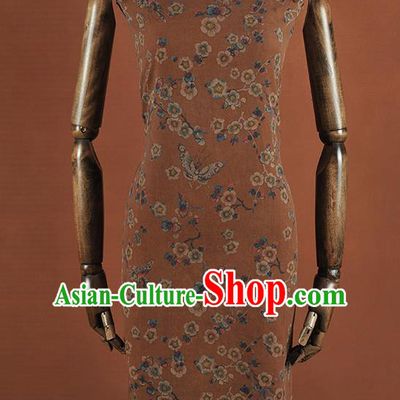Chinese Traditional Classical Wintersweet Butterfly Pattern Design Khaki Gambiered Guangdong Gauze Asian Brocade Silk Fabric