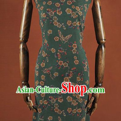 Chinese Traditional Classical Wintersweet Butterfly Pattern Design Green Gambiered Guangdong Gauze Asian Brocade Silk Fabric