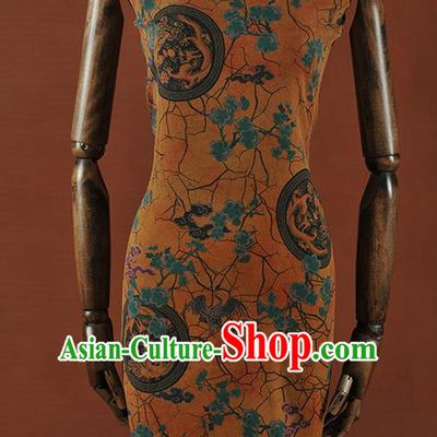 Chinese Traditional Crane Dragon Phoenix Pattern Design Yellow Gambiered Guangdong Gauze Asian Brocade Silk Fabric