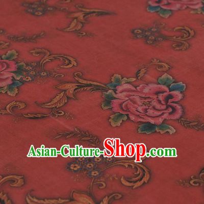 Chinese Traditional Peony Pattern Design Red Gambiered Guangdong Gauze Asian Brocade Silk Fabric