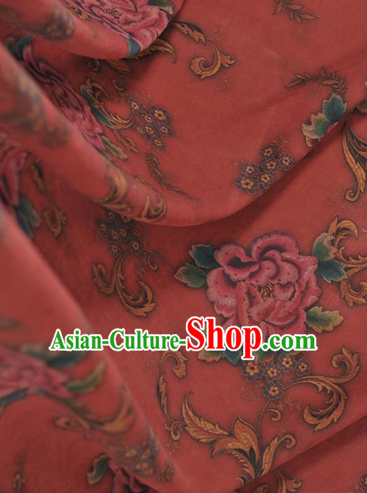 Chinese Traditional Peony Pattern Design Red Gambiered Guangdong Gauze Asian Brocade Silk Fabric