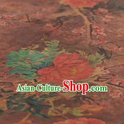 Chinese Traditional Peony Wintersweet Pattern Design Brown Gambiered Guangdong Gauze Asian Brocade Silk Fabric