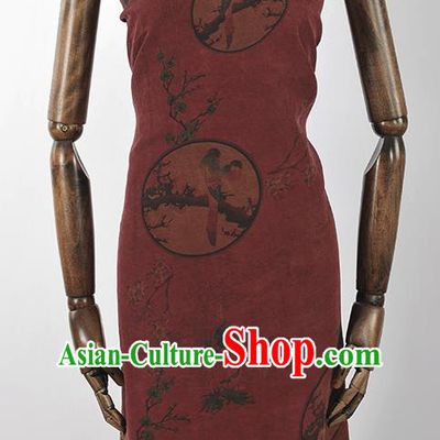 Chinese Traditional Magpie Pattern Design Wine Red Gambiered Guangdong Gauze Asian Brocade Silk Fabric