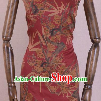 Chinese Classical Bamboo Plum Blossom Pattern Design Wine Red Gambiered Guangdong Gauze Traditional Asian Brocade Silk Fabric