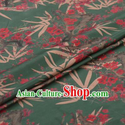 Chinese Classical Bamboo Plum Blossom Pattern Design Green Gambiered Guangdong Gauze Traditional Asian Brocade Silk Fabric