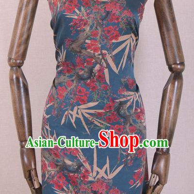 Chinese Classical Bamboo Plum Blossom Pattern Design Blue Gambiered Guangdong Gauze Traditional Asian Brocade Silk Fabric