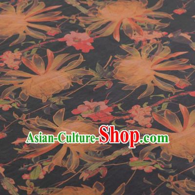 Chinese Classical Ottelia Acuminata Pattern Design Black Gambiered Guangdong Gauze Traditional Asian Brocade Silk Fabric
