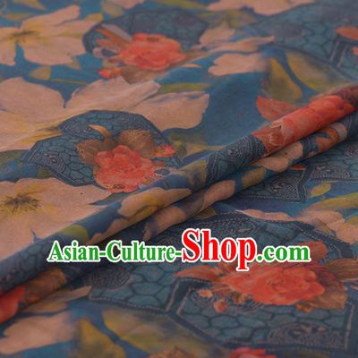 Chinese Classical Roses Pattern Design Blue Gambiered Guangdong Gauze Traditional Asian Brocade Silk Fabric