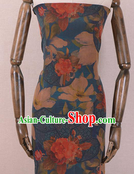 Chinese Classical Roses Pattern Design Blue Gambiered Guangdong Gauze Traditional Asian Brocade Silk Fabric Chinese Classical Roses Pattern Design Blue Gambiered Guangdong Gauze Traditional Asian Brocade Silk Fabric