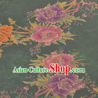 Chinese Classical Peony Pattern Design Olive Green Gambiered Guangdong Gauze Traditional Asian Brocade Silk Fabric
