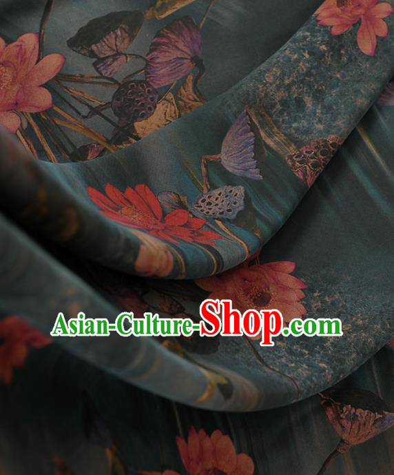 Chinese Classical Lotus Pattern Design Blue Gambiered Guangdong Gauze Traditional Asian Brocade Silk Fabric Chinese Classical Lotus Pattern Design Blue Gambiered Guangdong Gauze Traditional Asian Brocade Silk Fabric