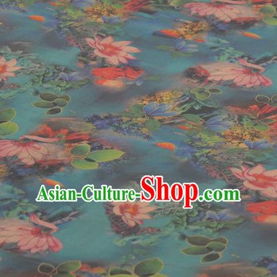 Asian Chinese Classical Lotus Pattern Green Gambiered Guangdong Gauze Traditional Cheongsam Brocade Silk Fabric