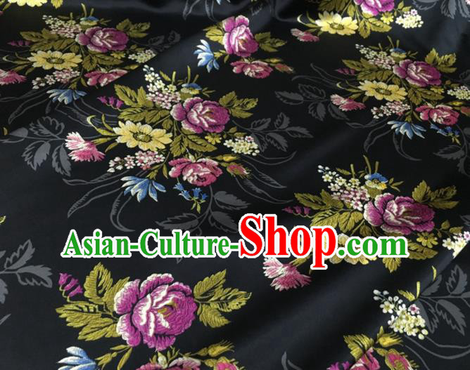 Asian Chinese Classical Roses Pattern Black Brocade Satin Drapery Traditional Cheongsam Brocade Silk Fabric Asian Chinese Classical Roses Pattern Black Brocade Satin Drapery Traditional Cheongsam Brocade Silk Fabric