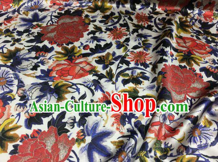 Asian Chinese Classical Peony Pattern White Brocade Satin Drapery Traditional Cheongsam Brocade Silk Fabric Asian Chinese Classical Peony Pattern White Brocade Satin Drapery Traditional Cheongsam Brocade Silk Fabric