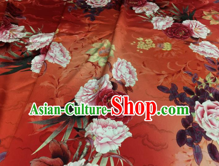 Asian Chinese Classical Peony Pattern Orange Brocade Satin Drapery Traditional Cheongsam Brocade Silk Fabric Asian Chinese Classical Peony Pattern Orange Brocade Satin Drapery Traditional Cheongsam Brocade Silk Fabric