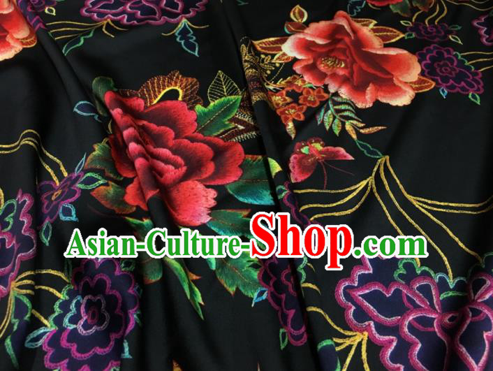 Asian Chinese Classical Peony Pattern Black Brocade Satin Drapery Traditional Cheongsam Brocade Silk Fabric Asian Chinese Classical Peony Pattern Black Brocade Satin Drapery Traditional Cheongsam Brocade Silk Fabric