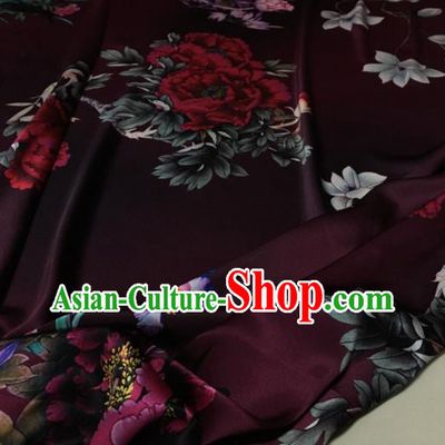 Asian Chinese Classical Peony Pattern Deep Purple Brocade Satin Drapery Traditional Cheongsam Brocade Silk Fabric
