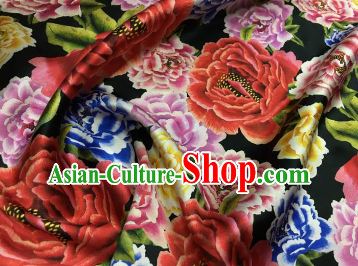 Asian Chinese Classical Peony Pattern Black Brocade Satin Drapery Traditional Cheongsam Brocade Silk Fabric Asian Chinese Classical Peony Pattern Black Brocade Satin Drapery Traditional Cheongsam Brocade Silk Fabric