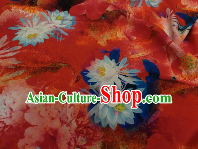 Asian Chinese Classical Lotus Pattern Red Brocade Satin Drapery Traditional Cheongsam Brocade Silk Fabric Asian Chinese Classical Lotus Pattern Red Brocade Satin Drapery Traditional Cheongsam Brocade Silk Fabric