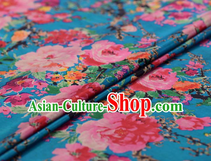 Asian Chinese Classical Peony Pattern Blue Gambiered Guangdong Gauze Traditional Cheongsam Brocade Silk Fabric Asian Chinese Classical Peony Pattern Blue Gambiered Guangdong Gauze Traditional Cheongsam Brocade Silk Fabric