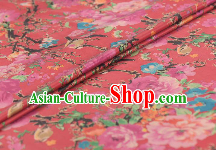 Asian Chinese Classical Peony Pattern Red Gambiered Guangdong Gauze Traditional Cheongsam Brocade Silk Fabric Asian Chinese Classical Peony Pattern Red Gambiered Guangdong Gauze Traditional Cheongsam Brocade Silk Fabric
