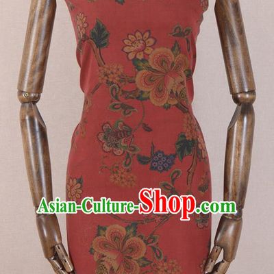 Asian Chinese Classical Peach Flower Pattern Red Gambiered Guangdong Gauze Traditional Cheongsam Brocade Silk Fabric