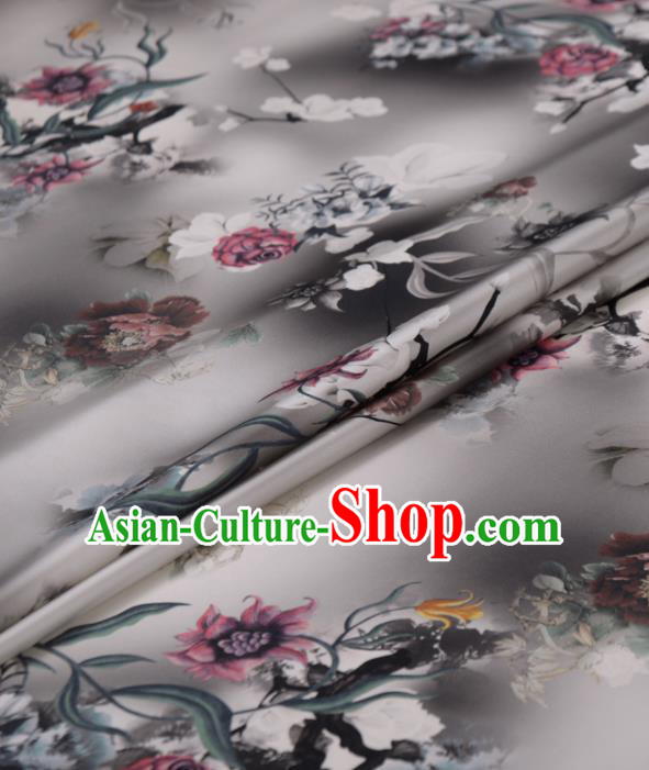 Asian Chinese Classical Flowers Pattern Grey Gambiered Guangdong Gauze Traditional Cheongsam Brocade Silk Fabric Asian Chinese Classical Flowers Pattern Grey Gambiered Guangdong Gauze Traditional Cheongsam Brocade Silk Fabric