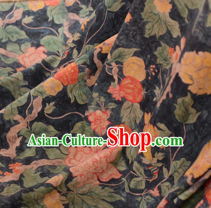 Asian Chinese Classical Peony Pattern Navy Gambiered Guangdong Gauze Traditional Cheongsam Brocade Silk Fabric