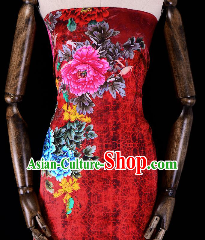 Asian Chinese Classical Peony Pattern Red Gambiered Guangdong Gauze Traditional Cheongsam Brocade Silk Fabric Asian Chinese Classical Peony Pattern Red Gambiered Guangdong Gauze Traditional Cheongsam Brocade Silk Fabric