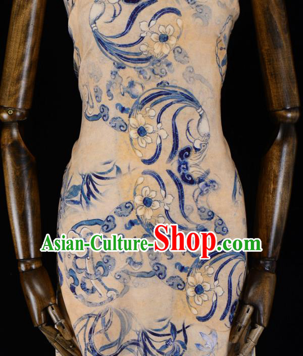 Asian Chinese Classical Orchid Pattern Yellow Gambiered Guangdong Gauze Traditional Cheongsam Brocade Silk Fabric Asian Chinese Classical Orchid Pattern Yellow Gambiered Guangdong Gauze Traditional Cheongsam Brocade Silk Fabric