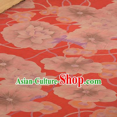 Asian Chinese Classical Lotus Leaf Pattern Red Gambiered Guangdong Gauze Traditional Cheongsam Brocade Silk Fabric