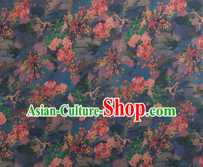 Asian Chinese Classical Peony Pattern Navy Brocade Satin Drapery Traditional Cheongsam Brocade Silk Fabric Asian Chinese Classical Peony Pattern Navy Brocade Satin Drapery Traditional Cheongsam Brocade Silk Fabric