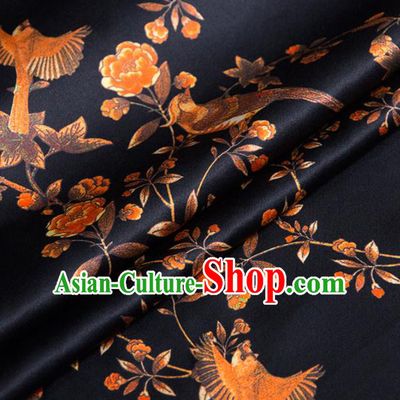 Asian Chinese Classical Birds Pattern Navy Brocade Satin Drapery Traditional Cheongsam Brocade Silk Fabric