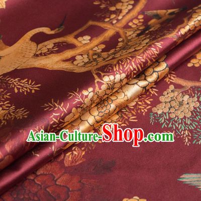 Asian Chinese Classical Crane Pattern Wine Red Brocade Satin Drapery Traditional Cheongsam Brocade Silk Fabric